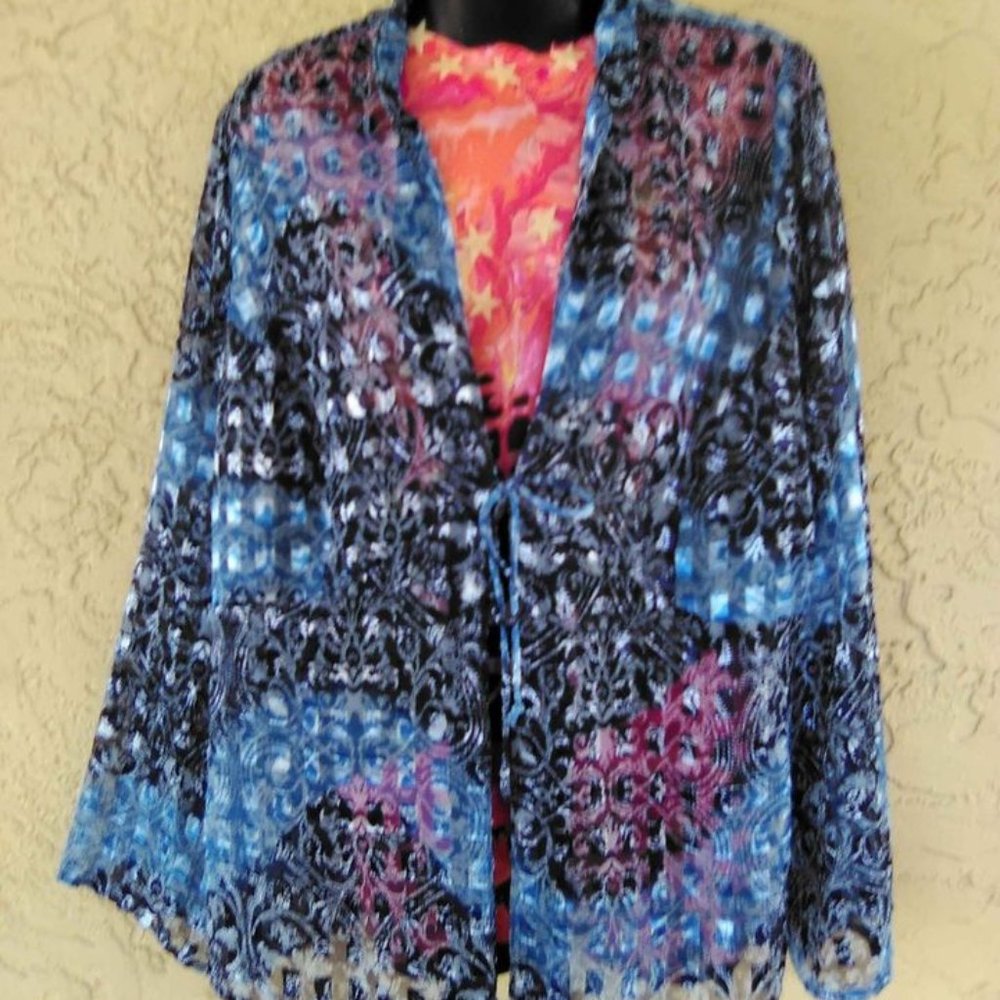 BLUE, SIZE XL, SHEER LADIES TOP WITH TIE FRONT